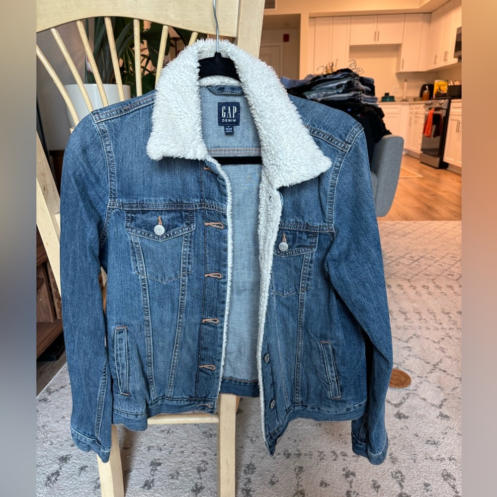 GAP Denim Sherpa Jacket with white fur